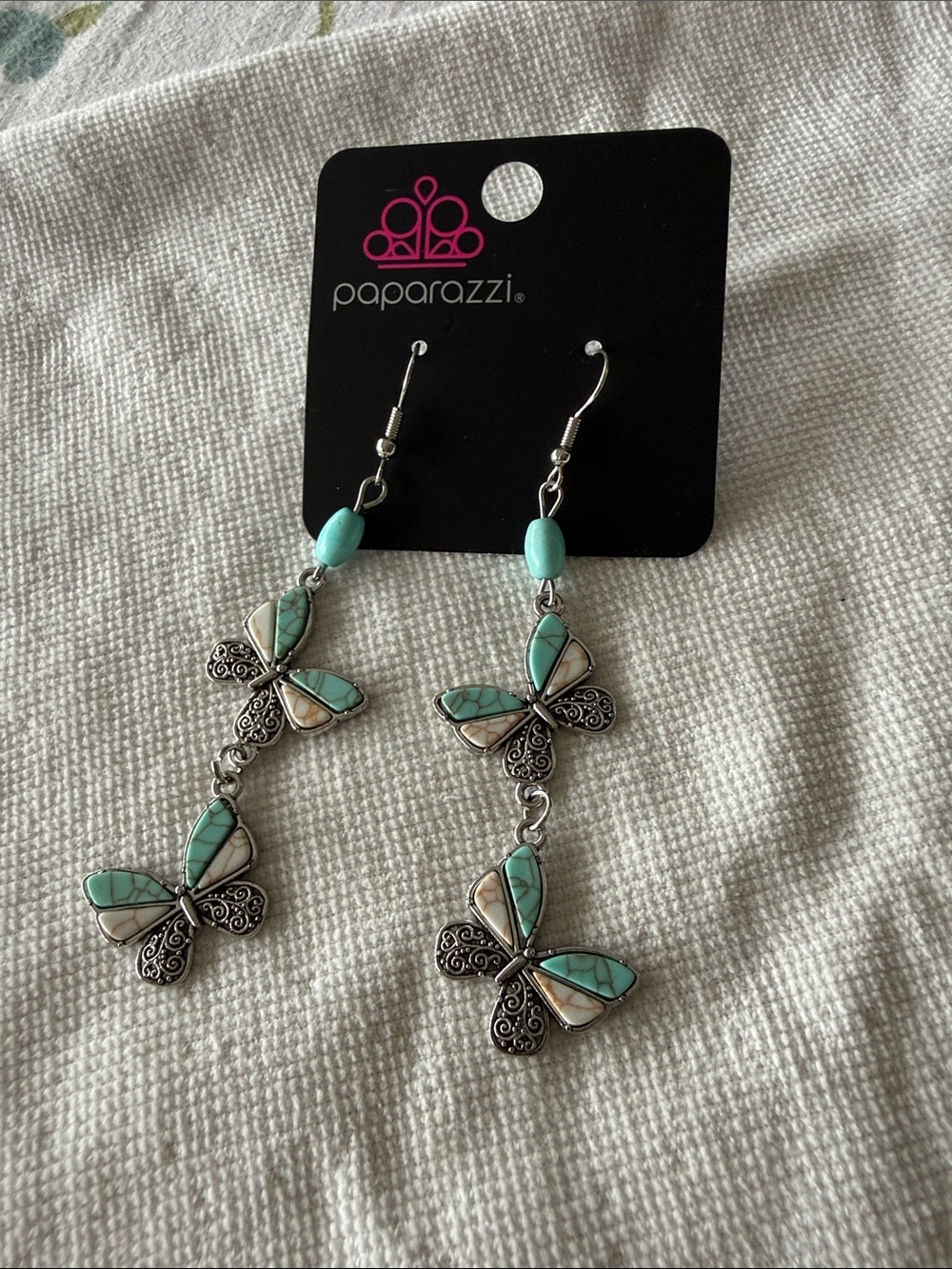 Paparazzi Turquoise and Silver Double Butterfly Drop Earrings